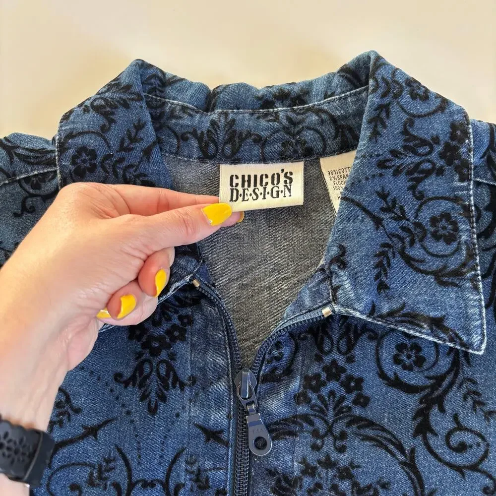 Vintage Chico’s Design Blue Denim Jacket Black Velvet Floral Damask Pattern Sz 2